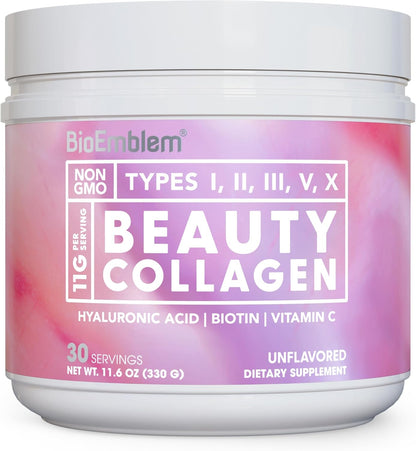 BioEmblem Beauty Collagen - Multi Collagen Complex, Hyaluronic Acid, Vitamin C & Biotin - Bovine, Fish, Chicken Bone Broth & Eggshell Membrane Sources - 30 Servings