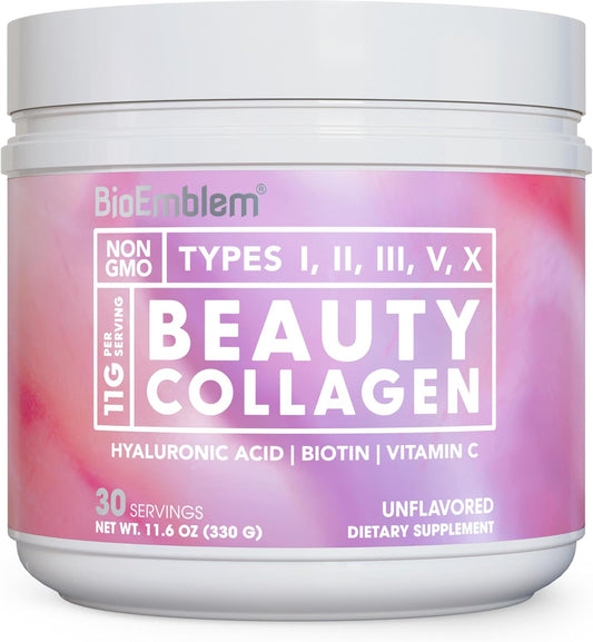 BioEmblem Beauty Collagen - Multi Collagen Complex, Hyaluronic Acid, Vitamin C & Biotin - Bovine, Fish, Chicken Bone Broth & Eggshell Membrane Sources - 30 Servings