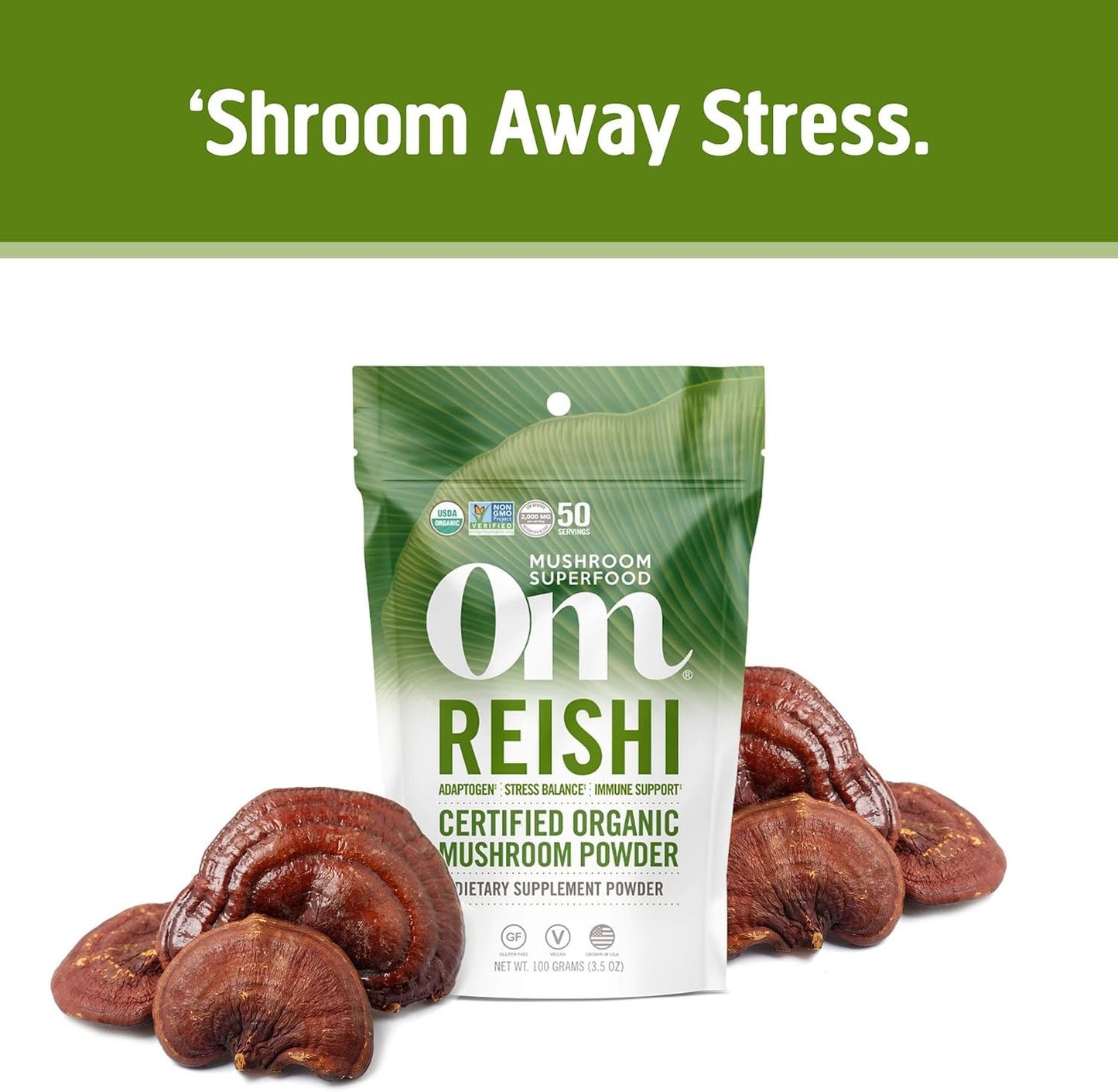Om Mushroom Superfood Reishi Organic Mushroom Powder, 100 Servings, Organic Adaptogen Powder for Stress Relief and Immune Health