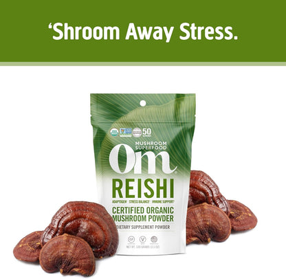Om Mushroom Superfood Reishi Organic Mushroom Powder, 100 Servings, Organic Adaptogen Powder for Stress Relief and Immune Health