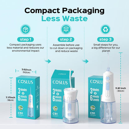 COSLUS ADA Accepted C51 Water Dental Flosser, 3 Modes 6 Pressure, White