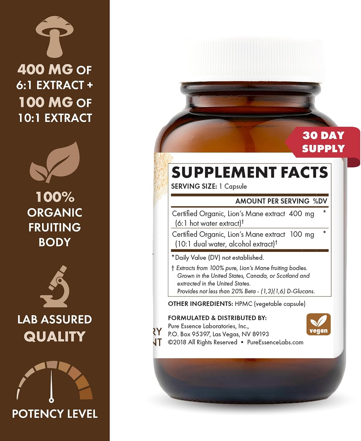 PURE ESSENCE LABS MyPure Lion's Mane 4X - Ultra Strength Brain Support Supplement for Cognitive Health, Focus, Memory & Mental Clarity, 60 Capsules