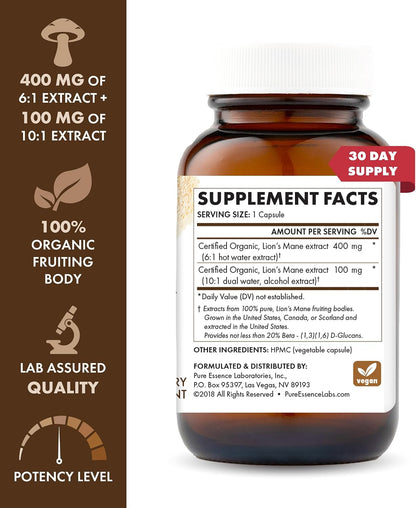 PURE ESSENCE LABS MyPure Lion's Mane 4X - Ultra Strength Brain Support Supplement for Cognitive Health, Focus, Memory & Mental Clarity, 60 Capsules