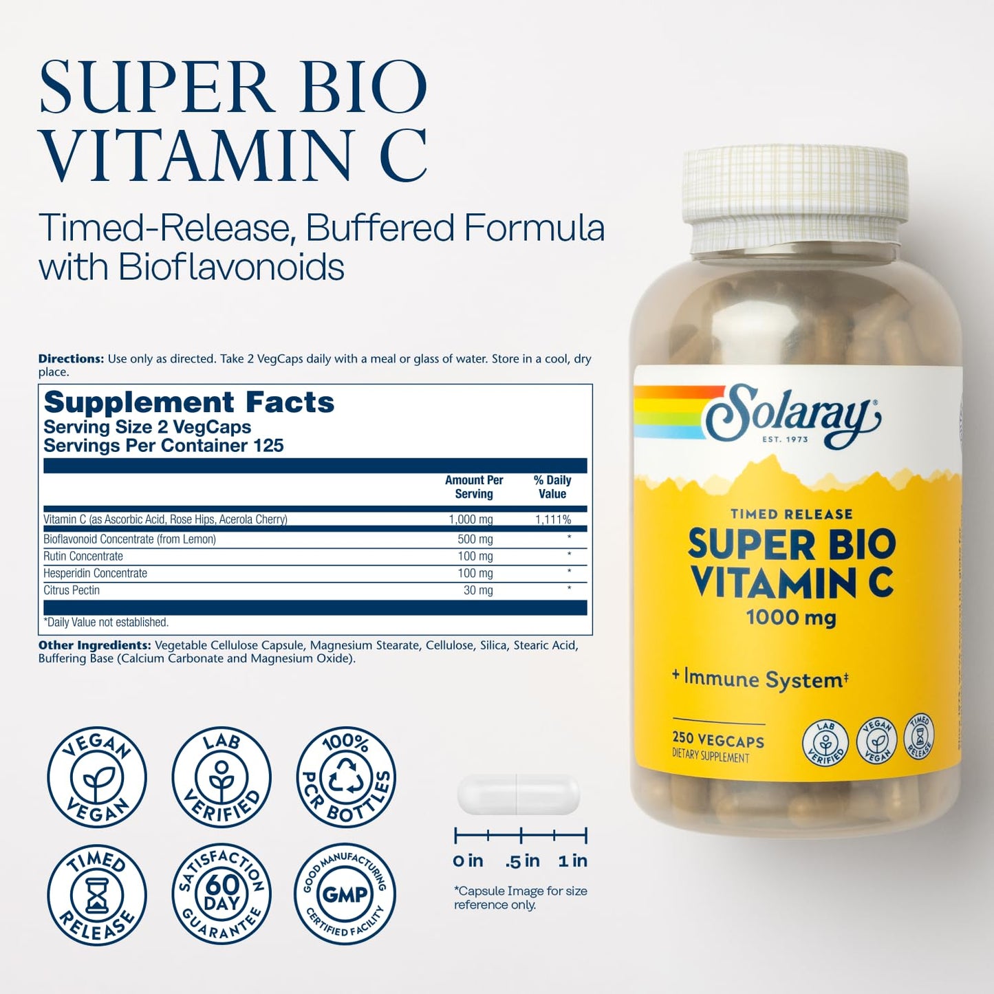 SOLARAY Super Bio Vitamin C 1000mg, Buffered, Two-Stage Timed Release with Bioflavonoids, Immune Support Supplement, High Absorption, Vegan, 60-Day Guarantee – 250 VegCaps