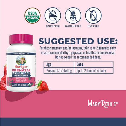 MARYRUTH'S Organics Prenatal Vitamins for Women | USDA Organic Prenatal Gummies | Postnatal Vitamins for Women Breastfeeding | Methylfolate 800 mcg DFE | Iodine | Vegan | Non GMO | 30 Servings