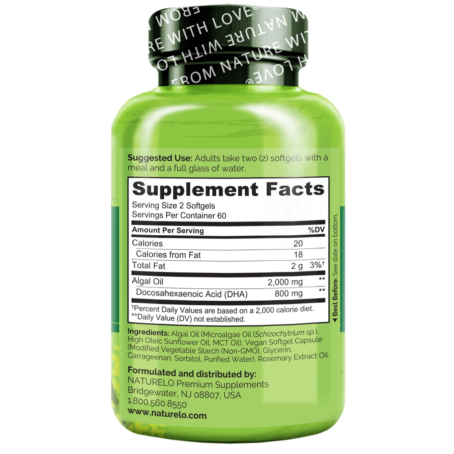 NATURELO Vegan DHA, Vegan Omega 3 Supplement, 120 Softgels, Supports Brain/Heart/Eye Health, Complements Prenatal Vitamins, Essential Fatty Acids, Omega 3 Supplement for Women & Men