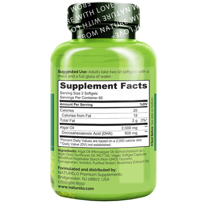 NATURELO Vegan DHA, Vegan Omega 3 Supplement, 120 Softgels, Supports Brain/Heart/Eye Health, Complements Prenatal Vitamins, Essential Fatty Acids, Omega 3 Supplement for Women & Men
