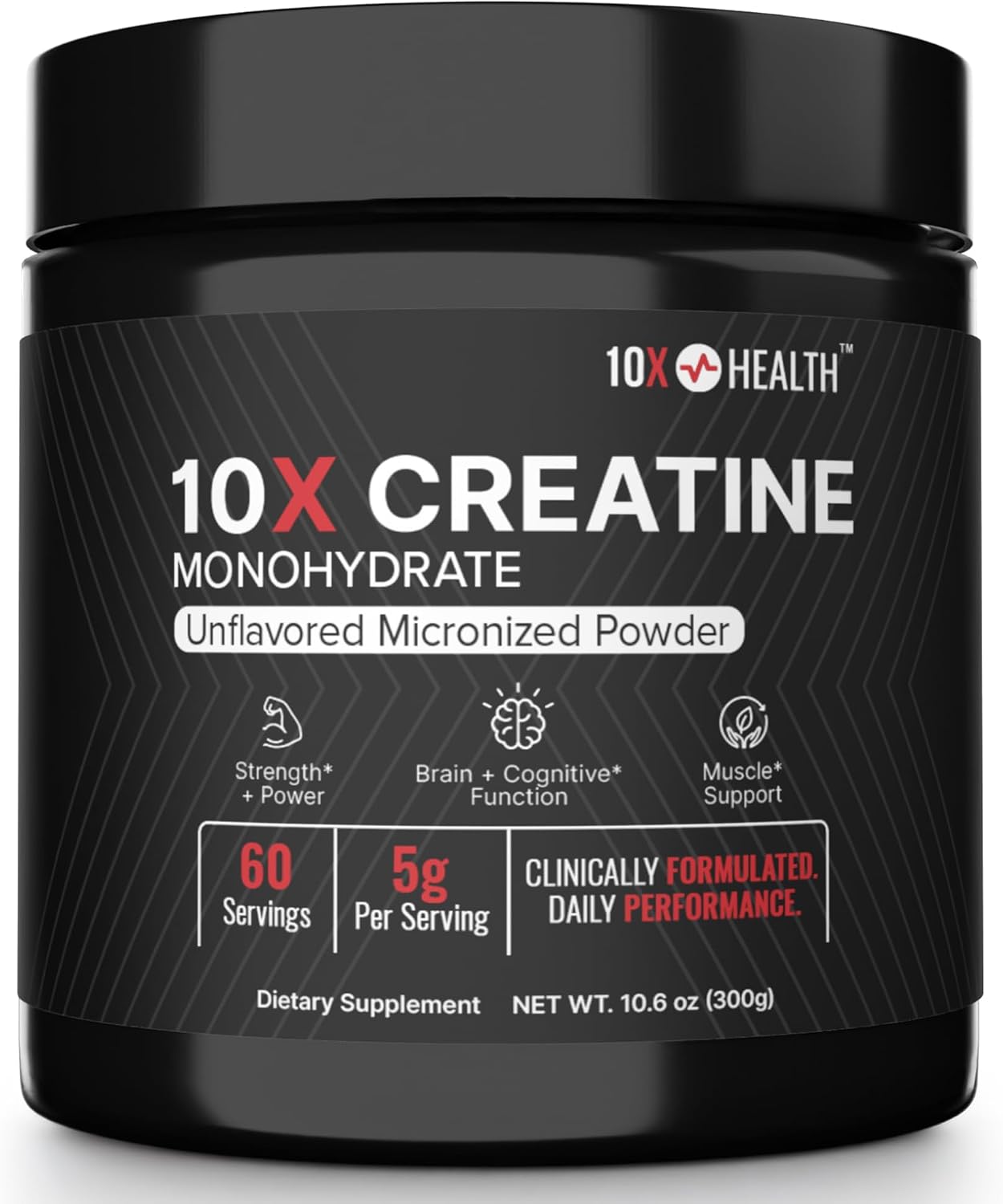 10X Creatine Monohydrate Powder - Micronized Creatine Supplement for Strength, Recovery & Cognitive Performance Support - Vegan, Unflavored, 60 Servings
