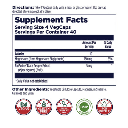 KAL Magnesium Glycinate, New & Improved Fully Chelated High Absorption Formula with BioPerine, Bisglycinate Chelate for Stress, Relaxation, Muscle & Bone Health Support, 60 Servings, 240 VegCaps