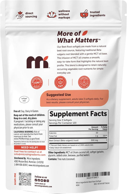 Micro Ingredients Beet Root Extract, 360 Softgels with MCT Oil | Natural Beet Root Source | Beetroot Supplements | Non-GMO