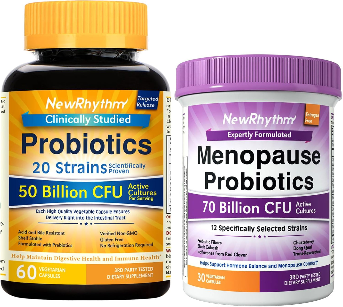 NewRhythm Probiotic Bundle: Complete Digestive Health + Menopause Relief with Black Cohosh, Prebiotics, 20 Strains, Targeted Release Technology, Non-GMO, 90 Total Capsules