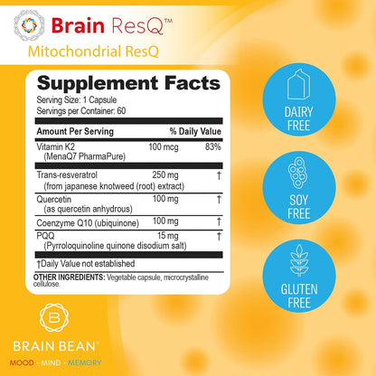 Brain ResQ Advanced Mitochondrial Formula with PQQ, CoQ10, Trans Resveratrol, MenaQ7 & Quercetin Supplement - 100mg of CoQ10 & 15mg PQQ – Supports Brain, Heart & Cellular Health – 60 Capsules