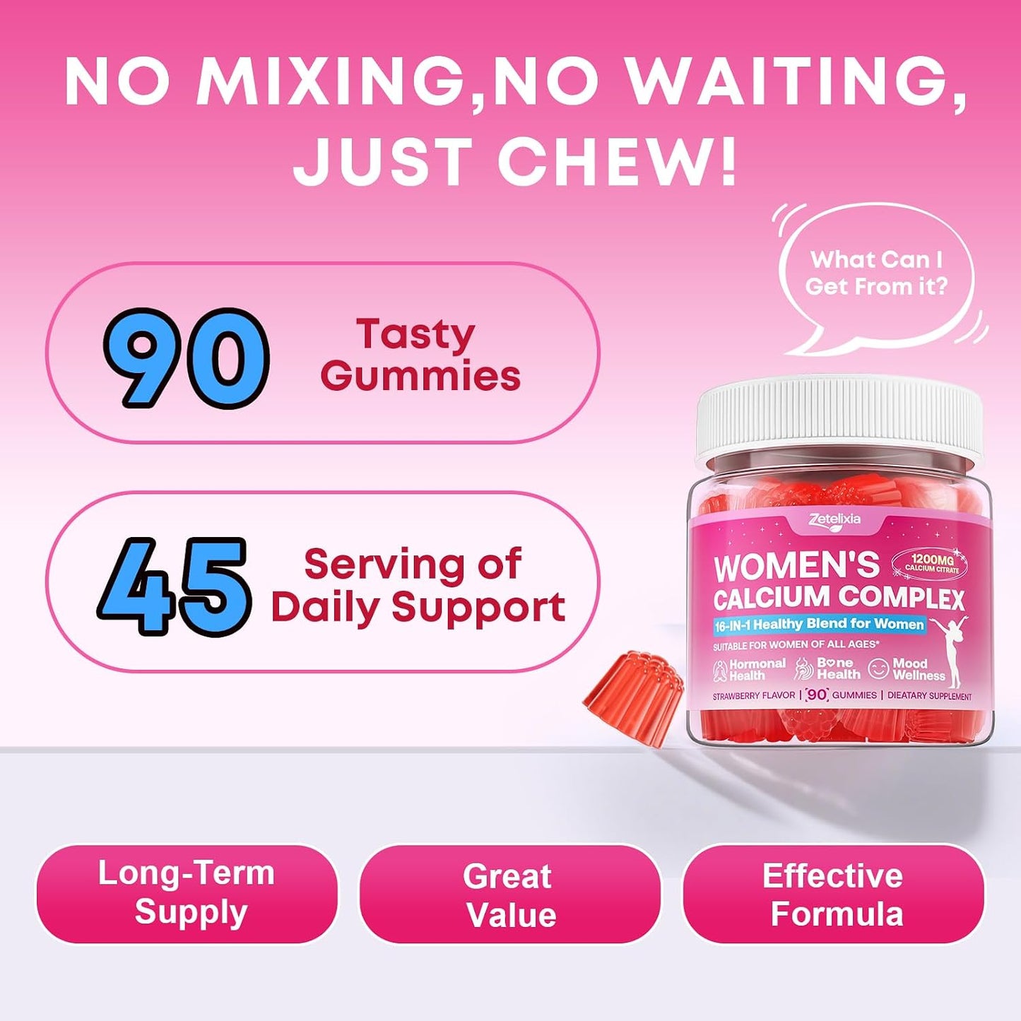 Calcium Gummies for Women, Calcium Citrate 1200mg with Vitamin D3 K2, Collagen & Biotin, B0ne, Teeth, Immune & Hormone Support, Sugar Free, Non-GMO, Gluten-Free, Strawberry Flavor, 90 Count