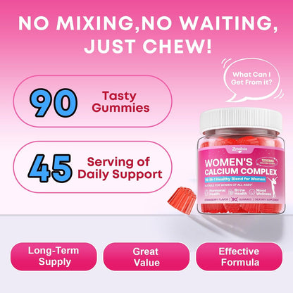 Calcium Gummies for Women, Calcium Citrate 1200mg with Vitamin D3 K2, Collagen & Biotin, B0ne, Teeth, Immune & Hormone Support, Sugar Free, Non-GMO, Gluten-Free, Strawberry Flavor, 90 Count