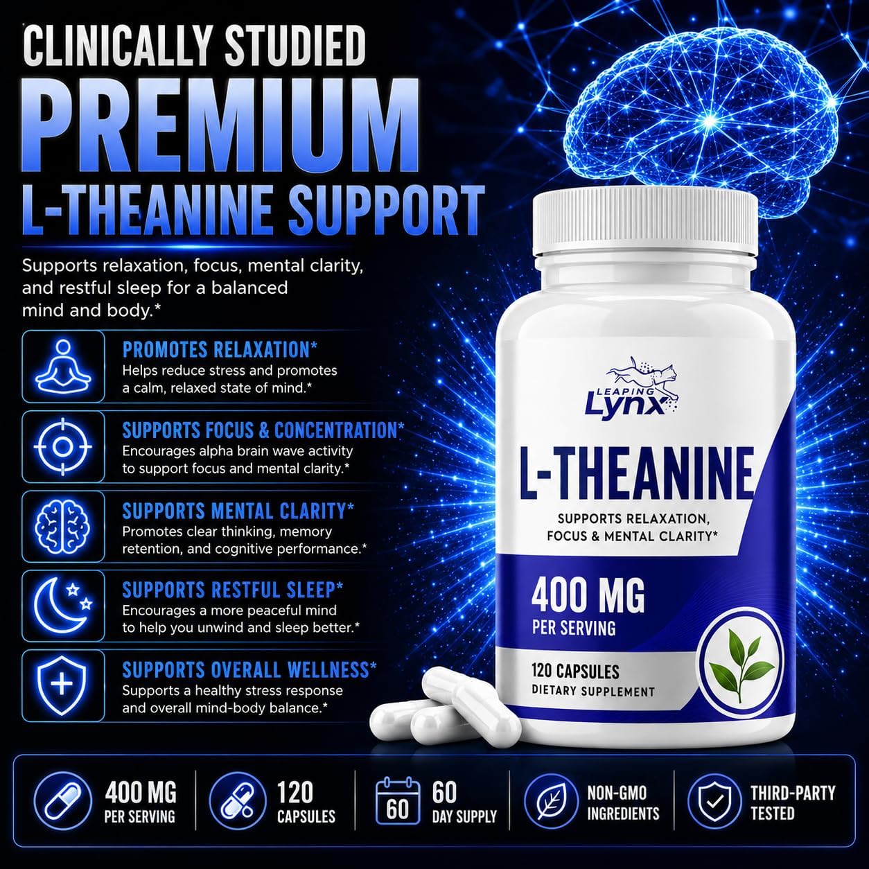 Leaping Lynx L-Theanine 400 mg per Serving (200 mg per Capsule), 120 Capsules | Supports Relaxation, Stress Relief, Calm Focus & Sleep | Non-GMO Supplement
