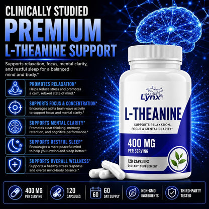 Leaping Lynx L-Theanine 400 mg per Serving (200 mg per Capsule), 120 Capsules | Supports Relaxation, Stress Relief, Calm Focus & Sleep | Non-GMO Supplement