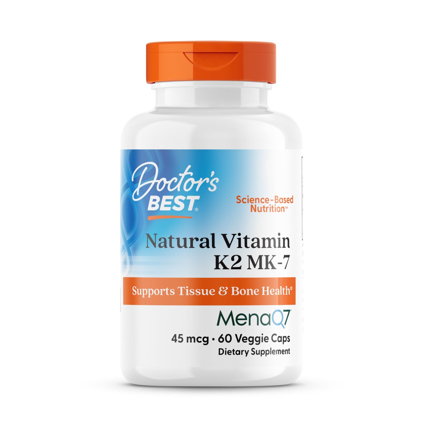 Doctor's Best Natural Vitamin K2 MK7 Supplement for Men & Women - Bone Health Support, 45 mcg Vitamin K-2 MK-7 Capsules with MenaQ7, Calcium Support, Non GMO, Vegan - 60 Veg Caps