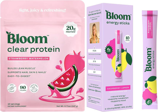 Bloom Strawberry Watermelon Clear Protein and Raspberry Lemonade Energy Packets Bundle