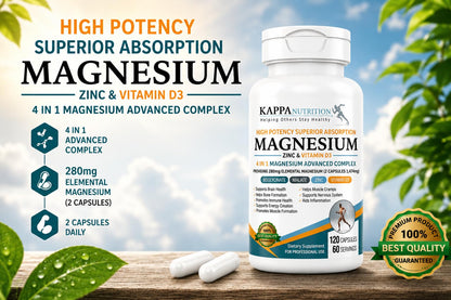 Kappa Nutrition Magnesium 4-in-1, 280mg Elemental Magnesium (Bisglycinate, Malate) + Zinc & Vitamin D3, Brain, Sleep, Energy, Muscle, Immune Support, 120 Vegan Capsules.
