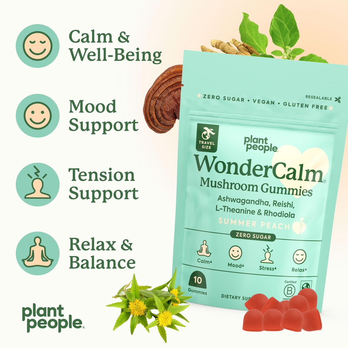 Plant People WonderCalm Mushroom & Ashwagandha Gummies, Peach Flavor 60ct