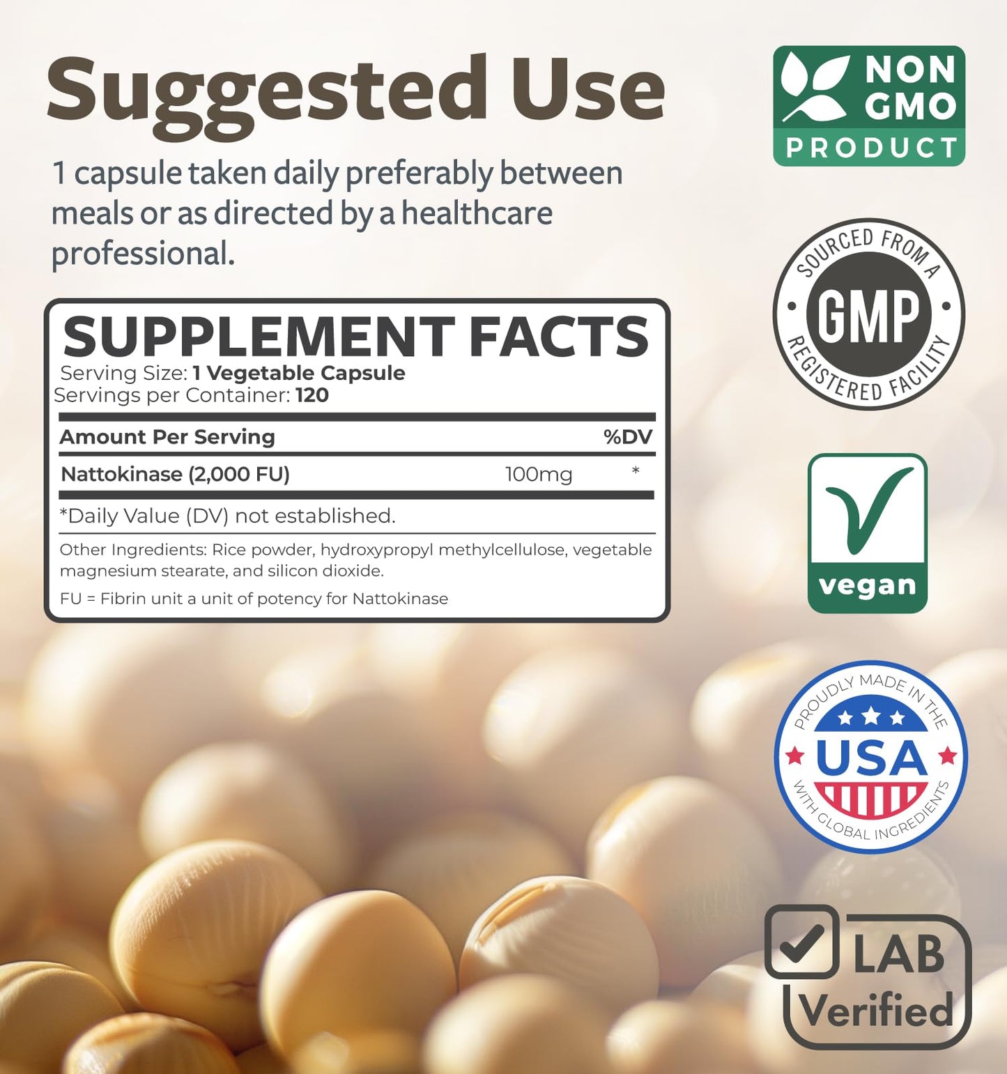 Healths Harmony Nattokinase 2000 FU (Non-GMO) Powerful Nattokinase Supplement Made from Naturally Fermented Soybeans - (4 Month Supply) 120 Vegan Natto Capsules