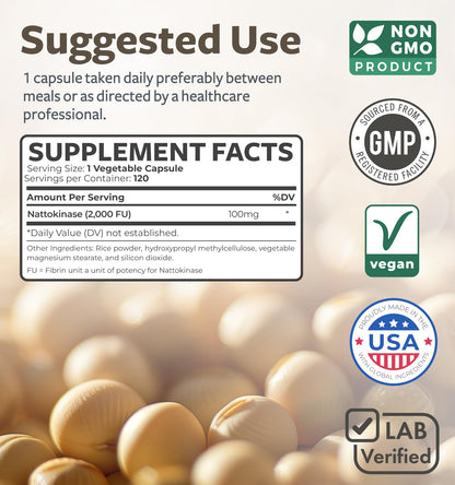 Healths Harmony Nattokinase 2000 FU (Non-GMO) Powerful Nattokinase Supplement Made from Naturally Fermented Soybeans - (4 Month Supply) 120 Vegan Natto Capsules