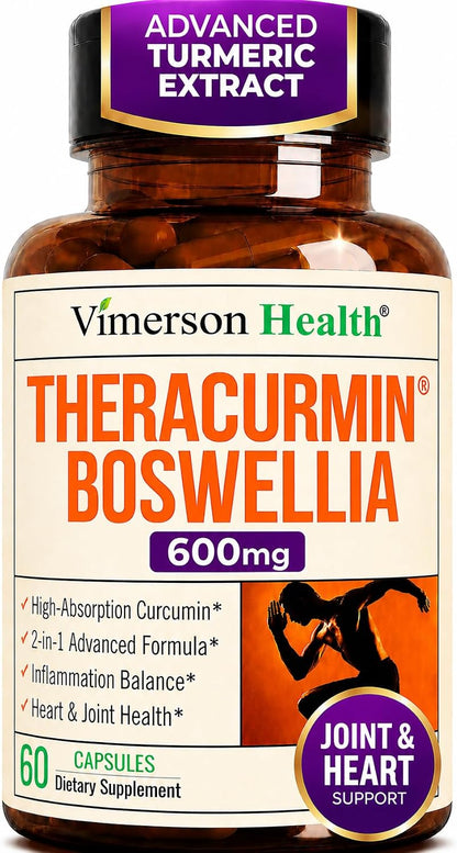 Advanced Turmeric Curcumin Supplement for Joint Support & Inflammation – Enhanced Absorption Theracurmin 600mg with Boswellia Serrata for Mobility & Recovery – Vegan, Gluten Free – 60 Capsules