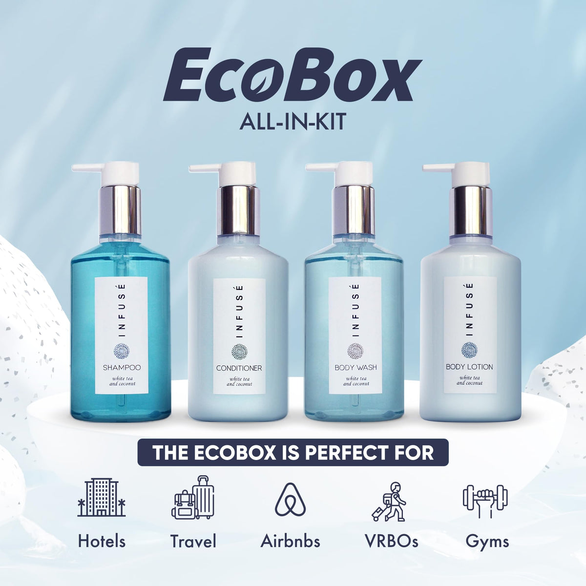 Infuse 1-Shoppe 40 Piece Ecobox All-In-Kit | White Tea and Coconut Soap | 12 Shampoo