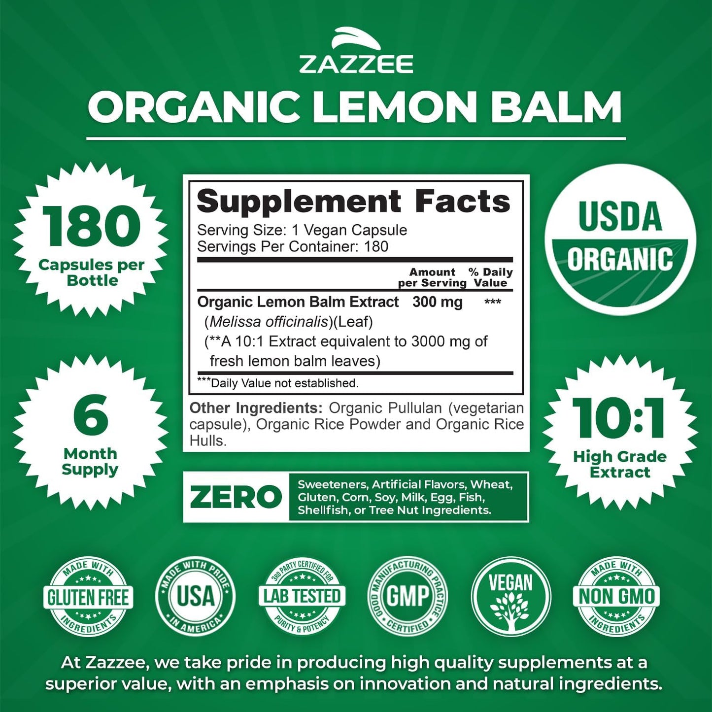 Zazzee USDA Organic Lemon Balm 10:1 Extract, 180 Capsules, 6 Month Supply | Vegan, All-Natural, Non-GMO, Melissa Officinalis, Calm, Mood, Stress & Relaxation Support, Herbal Supplement, Made in the USA