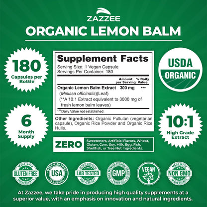 Zazzee USDA Organic Lemon Balm 10:1 Extract, 180 Capsules, 6 Month Supply | Vegan, All-Natural, Non-GMO, Melissa Officinalis, Calm, Mood, Stress & Relaxation Support, Herbal Supplement, Made in the USA