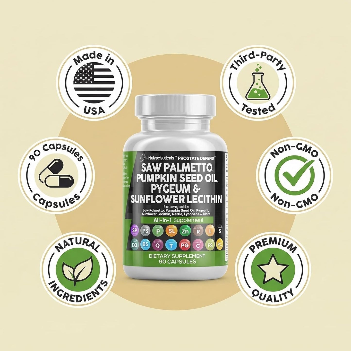 Clean Nutraceuticals Saw Palmetto Pumpkin Seed Oil Pygeum Sunflower Lecithin Stinging Nettle Cranberry - Prostate Supplements for Men with Lycopene - 90 Caps