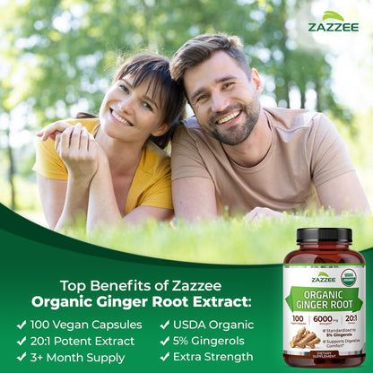 Zazzee USDA Organic Ginger Root 20:1 Extract, 5% Gingerols, 100 Vegan Capsules, 3+ Month Supply, Zingiber Officinale, Digestive & Stomach Support, All-Natural, Non-GMO, Made in the USA