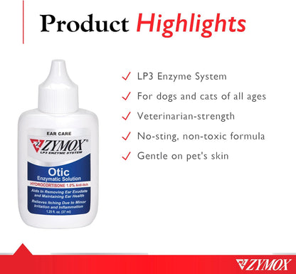 Zymox Otic Enzymatic Solution for Dogs and Cats to Soothe Ear Infections with 1% Hydrocortisone for Itch Relief, 1.25oz | with 1% Hydrocortisone for Itch Relief, 1.25oz