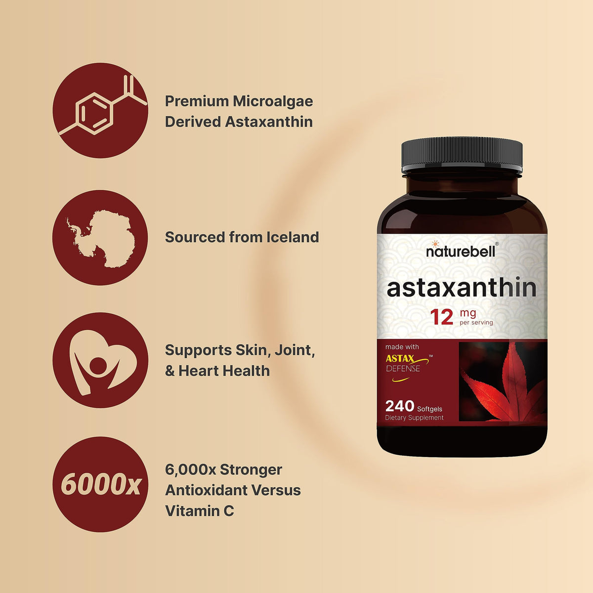 NatureBell Astaxanthin 12mg, 240 Softgels, Made with Astax, Max Strength