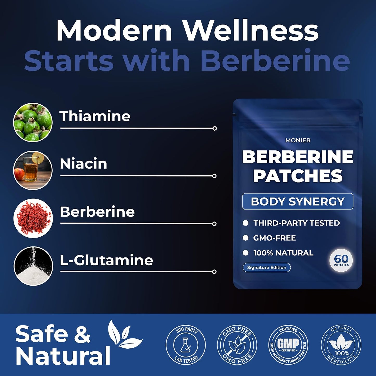 MONIER Berberine Patches | Berberine Patch with L-Glutamine and more | With L-Glutamine, Garcinia Cambogia, Resveratrol, For Women & Men, 60 Days Supply