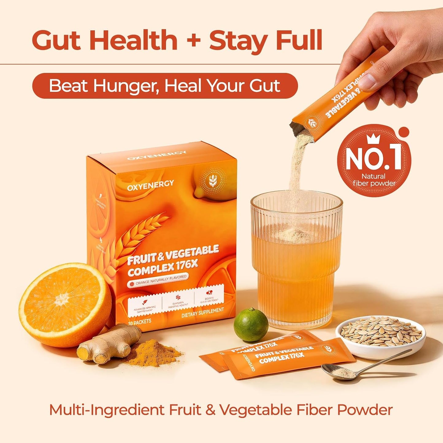 OxyEnergy Fiber Supplement Powder for Women & Men - Fruit and Vegetable Complex Daily Fiber, Weight Loss & Gut Health, Prebiotics & Digestive & Relieve Bloating, Orange Flavored Drink Mix, 30 Packets