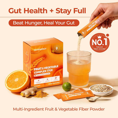 OxyEnergy Fiber Supplement Powder for Women & Men - Fruit and Vegetable Complex Daily Fiber, Weight Loss & Gut Health, Prebiotics & Digestive & Relieve Bloating, Orange Flavored Drink Mix, 30 Packets