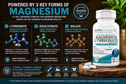 Magnesium L-Threonate Plant-Based 3 in 1 Powered by Magbrain® Magnesium L-Threonate Plant-Based | Magnesium Bisglycinate & Magnesium Malate | Up to 420 mg Elemental Magnesium | 150 Vegan Capsules.