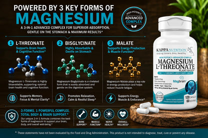 Magnesium L-Threonate Plant-Based 3 in 1 Powered by Magbrain® Magnesium L-Threonate Plant-Based | Magnesium Bisglycinate & Magnesium Malate | Up to 420 mg Elemental Magnesium | 150 Vegan Capsules.
