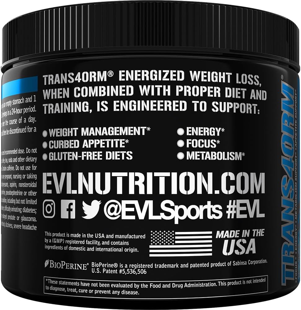 Evlution Thermogenic Fat Burning Support Powder Nutrition Trans4orm Fast Acting Energy Powder to Support Fast Metabolism Weight Loss and Mental Focus with CLA Carnitine and Alpha GPC - Blue Raz