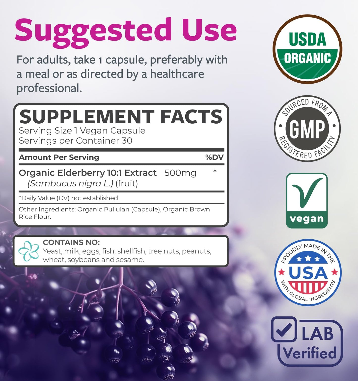PURE CO Organic Elderberry 10:1 Extract 500mg Per 1 Capsule Serving - Vegan Black Elderberry Supplement for Immune Support, Allergy, Sinus Relief - Sambucus Nigra - 30 Caps