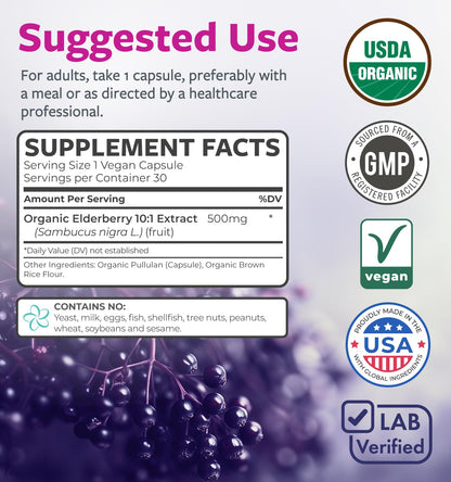 PURE CO Organic Elderberry 10:1 Extract 500mg Per 1 Capsule Serving - Vegan Black Elderberry Supplement for Immune Support, Allergy, Sinus Relief - Sambucus Nigra - 30 Caps