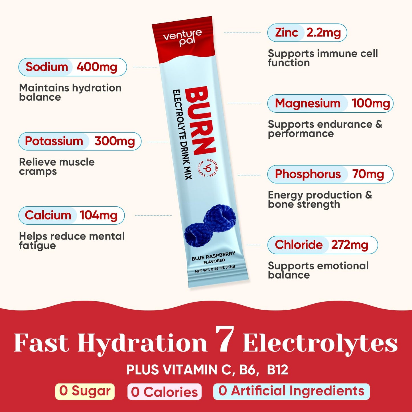 Venture Pal Electrolyte Packets + Burn Support, Sugar Free, 16 Sticks | 7 Electrolytes + L-Carnitine, Berberine, ACV, Chromium, Green Tea, Metabolic Support, Keto Friendly, Vegan, Liquid Daily IV