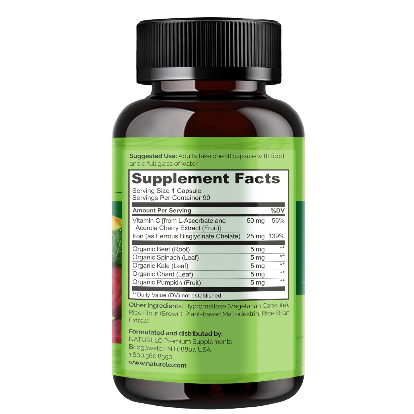 NATURELO Vegan Iron Supplement with Vitamin C and Organic Whole Foods - Gentle Iron Pills for Women & Men with Iron Deficiency Including Pregnancy, Anemia and Vegan Diets - 90 Mini Capsules