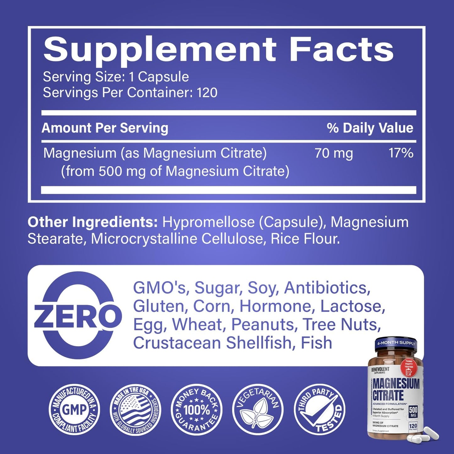 Premium Magnesium Capsules 500mg, High Absorption Formula Chelated Buffered Citrate to Support Digestion, Bone, Sleep & Muscle Health – Magnesium Citrate - 120 Capsules
