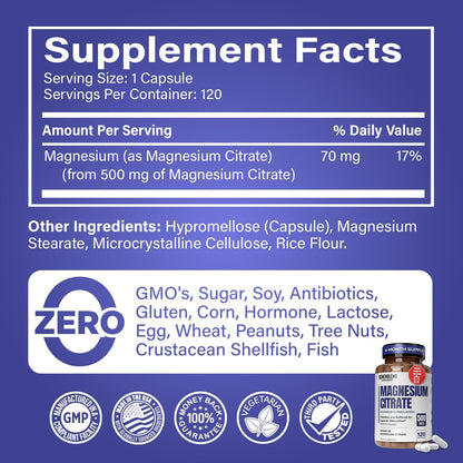 Premium Magnesium Capsules 500mg, High Absorption Formula Chelated Buffered Citrate to Support Digestion, Bone, Sleep & Muscle Health – Magnesium Citrate - 120 Capsules