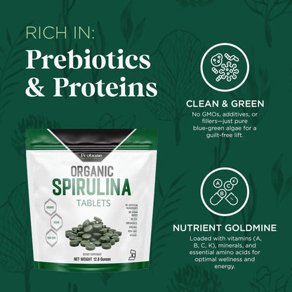 Probase Nutrition Organic Spirulina Supplement, 3000MG, 720 Tablets | 4 Month Supply, No Filler & Non-GMO, Rich in Vegan Protein, Vitamins & Prebiotics, Premium Spirulina Pills