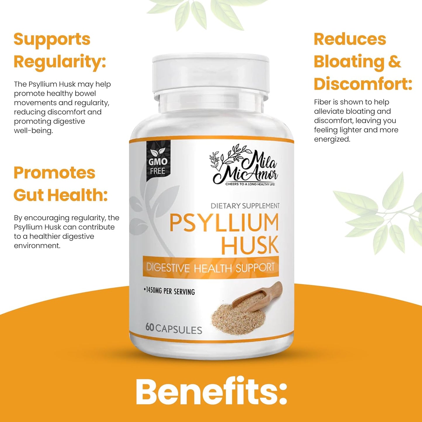 Mila Miamor Psyllium Husk Capsules – 60 Count – Gut & Colon Support Supplement – Promotes Digestive Health & Regularity – Non-GMO, High Fiber Formula