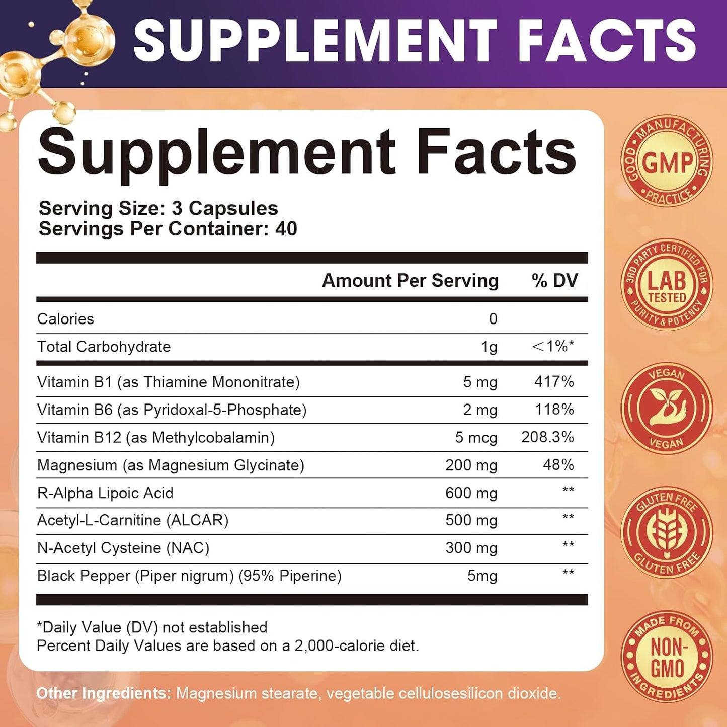 Migcopat R-Alpha Lipoic Acid 600mg, Neuropathy Supplements with ALCAR, NAC, Magnesium, Active B-Vitamins | Antioxidant for Energy & Nervous System Support, Non-GMO, Gluten Free, Vegan, 120 Capsules