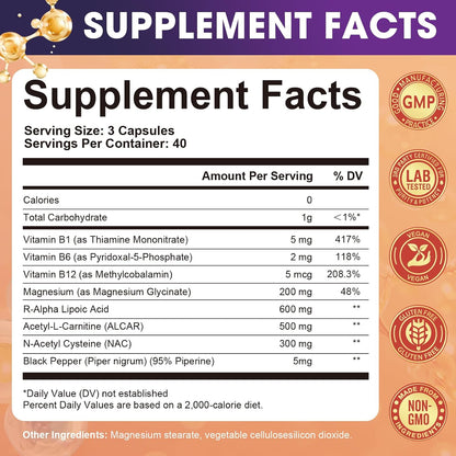 Migcopat R-Alpha Lipoic Acid 600mg, Neuropathy Supplements with ALCAR, NAC, Magnesium, Active B-Vitamins | Antioxidant for Energy & Nervous System Support, Non-GMO, Gluten Free, Vegan, 120 Capsules